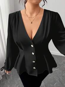 Elenzga 大码女式时尚收腰喇叭下摆优雅浅色纽扣设计衬衫 - 黑色 - 查看 3