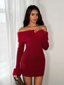 SHEIN TRNDY 1pc Women's Burgundy Christmas Sweater Dress, Elegant Off Shoulder Faux Fur Design Waist Cinched Knitted Dress, Autumn/Winter - Burgundy - View 7