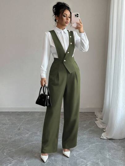 Elenzga Women's New Casual Wide Leg Jumpsuit, Black