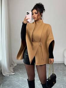 Elenzga 女士时尚卡其色斗篷披肩围巾腰带装饰夹克 - 卡其色 - 查看 4