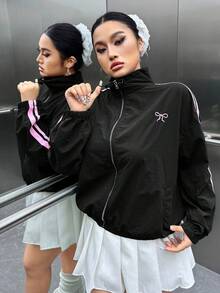 SHEIN EZwear 加大码黑色蝴蝶结刺绣侧条纹印花拉链长袖夹克女式秋冬装 - 黑色 - 查看 1