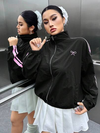 SHEIN EZwear Plus Size Black Bow Embroidery Side Stripe Print Zip-Up Long Sleeve Jacket Autumn Winter Clothes For Women
