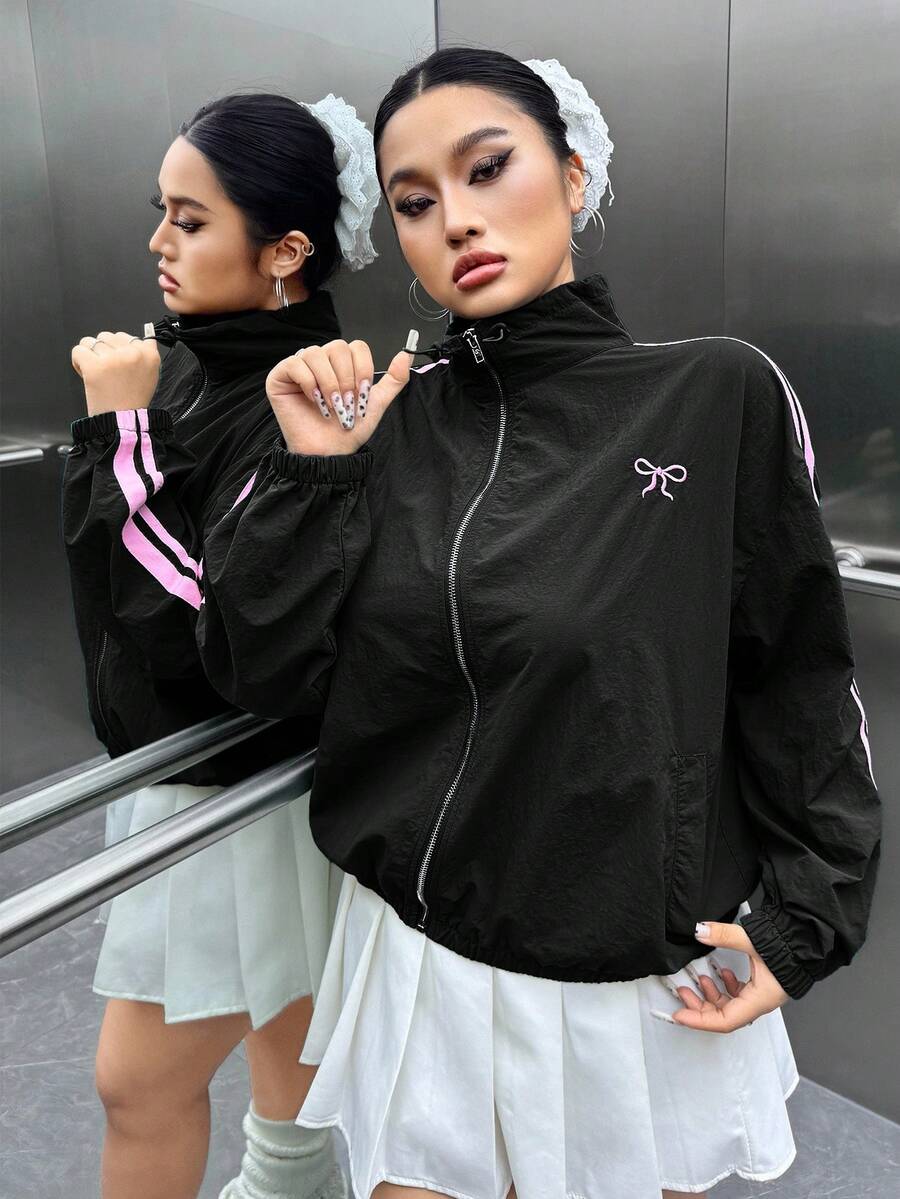 SHEIN EZwear 加大码黑色蝴蝶结刺绣侧条纹印花拉链长袖夹克女式秋冬装 - 黑色 - 查看 1