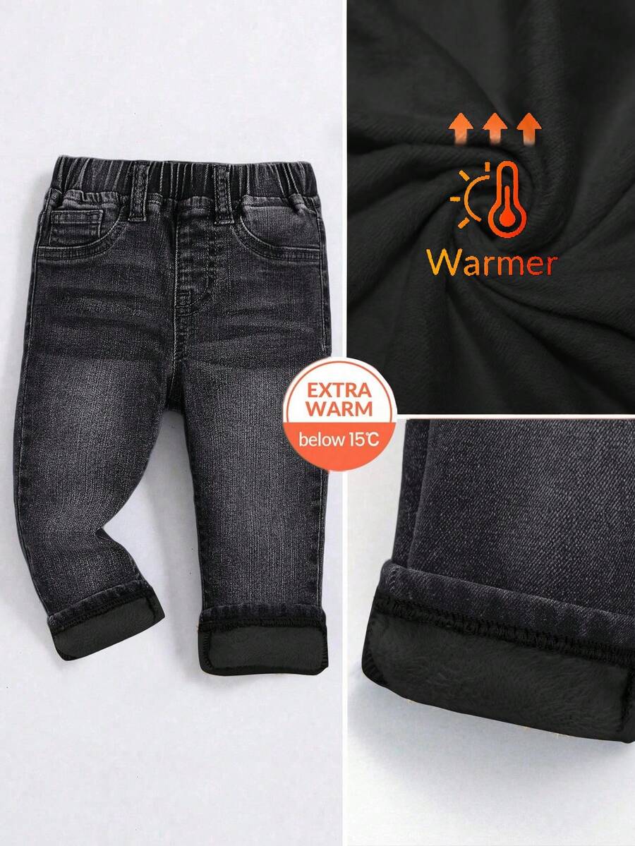 SHEIN 男婴基本款深蓝色牛仔保暖内衬弹力修身裤，秋冬季 - 黑色 - 查看 1