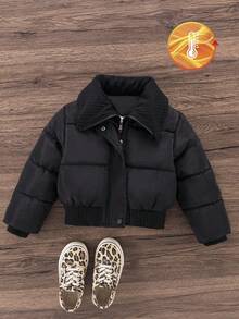 Sparklyn Young Girls Black Ribbed 2 In 1 Stand Collar Double Zipper Cotton Padded Jacket, Fashionable & Versatile, Winter - Black - View 1