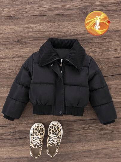 Sparklyn Young Girls Black Ribbed 2 In 1 Stand Collar Double Zipper Cotton Padded Jacket, Fashionable & Versatile, Winter