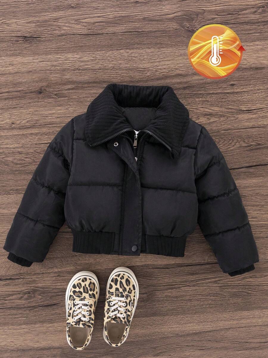 Sparklyn Young Girls Black Ribbed 2 In 1 Stand Collar Double Zipper Cotton Padded Jacket, Fashionable & Versatile, Winter - Black - View 1