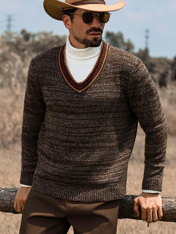 Manfinity Nomadique Herren Mode Lässig V-Ausschnitt Langarm Pullover, für Herbst und Winter