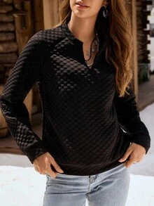 LanaWest Áo nỉ cổ khoét màu trơn đơn giản dành cho nữ - màu đen - Xem 3