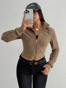 Aidyla Blusa feminina com zíper e listras coloridas contrastantes, gola de metal, outono/inverno