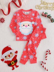 SHEIN 2 件套婴儿/幼儿男童圣诞老人印花长袖连体衣和裤子睡衣套装，红色 - 紅色 - 查看 4