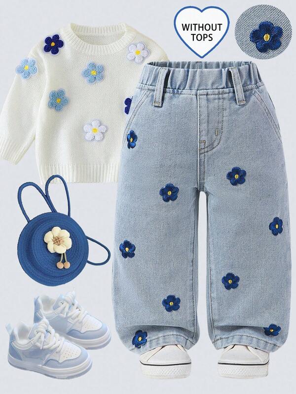 Baby Girls' Casual Elastic Waist Non-Stretch Straight Floral Embroidered All-Match Versatile All Season Hot Light Washed Blue Denim Jeans Flower Embroidered Jeans Denim Jeans With Flowers Toddler Flower Jeans Baby Jeans With Embroidery Toddler Jeans With Flowers Fall Winter