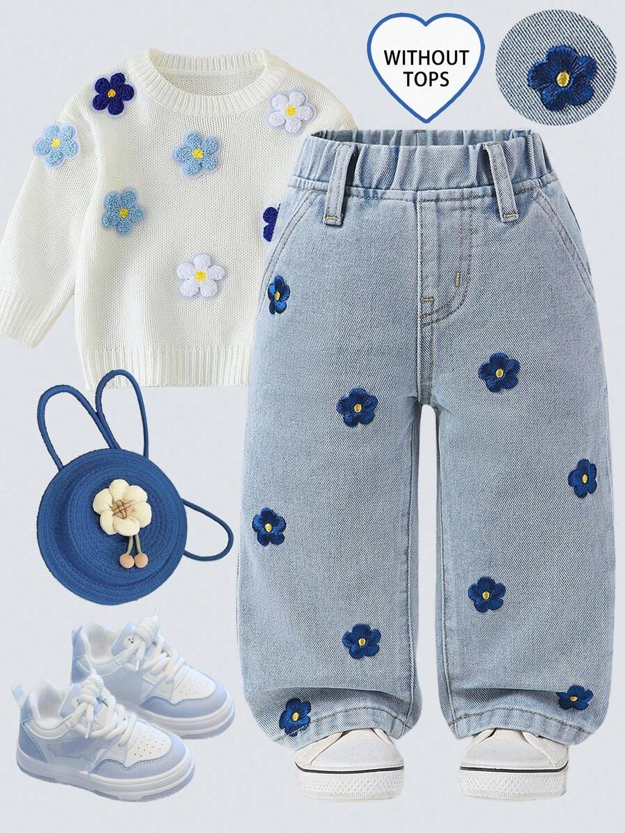 女宝宝休闲松紧腰无弹力直筒花卉刺绣百搭百搭四季热销浅色水洗蓝色牛仔裤 - 淺色水洗藍 - 查看 1