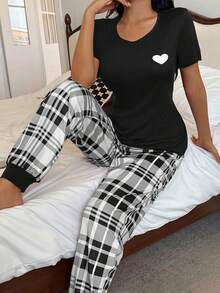 ZzzCrew Heart Print Short Sleeve Top And Plaid Print Pants Women Pajama Set, Casual, Fall Winter Clothes