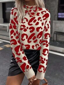Elyressa Tropiluxe Women Leopard Print Crew Neck Casual Long Sleeve Pullover Sweater - Multicolor - View 3