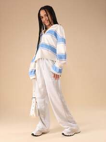 SUMWON Striped Polo Wear Coordinated Set With Drawstring Wide Leg Sweatpants Modern Casual Two Piece Outfit For Spring Summer - Blue - View 1