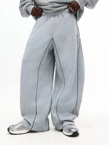 SUMWON 高级宽松运动裤，饰有明线细节，舒适居家服，适合秋冬季休闲日常穿着，弹性裤脚，纯色 - 灰色 - 查看 6