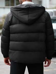 Manfinity Homme Plus Size Men's Solid Color Long Sleeve Zip-Up Casual Hooded Winter Jacket, For Fall - Black - View 2