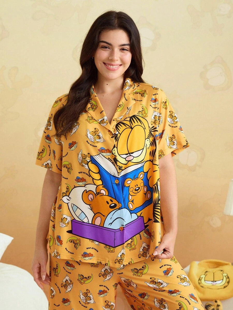 GARFIELD | SHEIN 大码可爱猫咪印花露肩上衣和裤子睡衣套装 - 黃色 - 查看 1