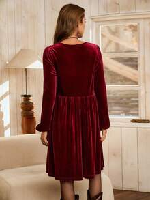 Lyxana LanaWest 女式西部休闲领子拼布荷叶边下摆 A 字形连衣裙 - 酒紅色 - 查看 2