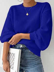 EMERY ROSE Suéter holgado de cuello redondo, mangas farol y hombros caídos, tejido - Dark Blue - Ver 6