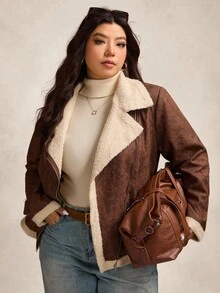 Zelara 加大码女式摩托车风格拉链休闲夹克，秋冬女式棕色夹克仿麂皮夹克羊羔绒夹克女式外套女式秋季夹克女式秋季服装女式西部服装女式夹克 - 卡其色 - 查看 2