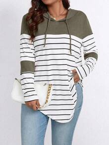 EMERY ROSE Plus Size Color Block Striped Hooded Casual T-Shirt Graphic Tees Women Tops - Army Green - View 3