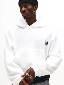 SUMWON Crop Fit Oversized Drop Shoulder Pullover Hoodie With Front Centre Pocket Urban Streetwear Autumn Winter Casual Loose Fit - White - View 3