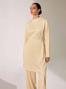 Graceveil 女士杏色运动衫材质领落肩长袖收腰束腰长款上衣 - 杏色 - 查看 1