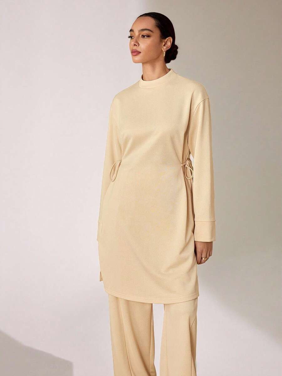 Graceveil 女士杏色运动衫材质领落肩长袖收腰束腰长款上衣 - 杏色 - 查看 1