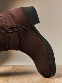 SHUZIA Women Winter Warm Fashion Comfortable Block Heel Faux Suede Mid-Calf Combat Boots With Strap And Hardware Decor - Chocolate Brown - View 7
