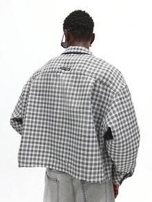 SUMWON 短款纽扣长袖格子衬衫休闲宽松街头风上衣，带胸袋 - 黑與白 - 查看 2