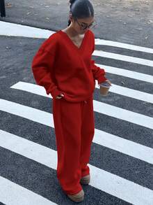 SHEIN EZwear 2 件套女士超大 V 领蓬松羊毛弹力宽松运动衫和运动裤套装，秋冬 - 紅色 - 查看 4
