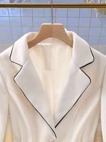 Franclia Women's Blazer Jacket, Collar Knitted Black, Contrast Apricot & Black Trim, Metal Buttons, Metal Buckle Belt - Apricot - View 3