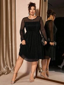 Cravure 大码透视网眼圆领长袖连衣裙 - 黑色 - 查看 3