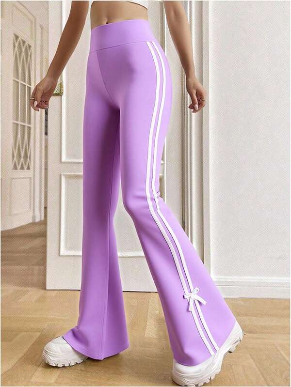 Teen Girl Contrast Striped Bow Decor Flare Pants