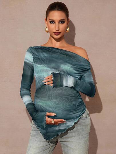 MaterniChic 孕妇扎染百褶斜肩长袖修身时尚T恤