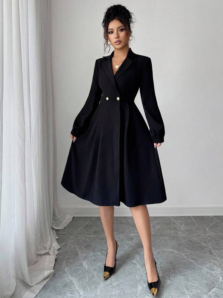 Elenzga 女式中长优雅腰部收腰长袖连衣裙，配双色金属扣细节 - 黑色 - 查看 7