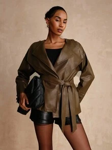 Lyxana Áo khoác da PU tay dài thời trang đường phố dành cho nữ - màu nâu - Xem 6