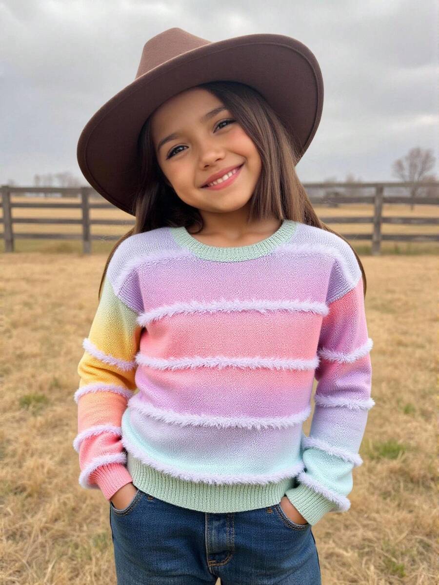 Ombre Round Neck Loose Casual Sweater For Young Girls In Fall/Winter - Multicolor - View 1