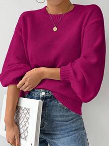 SHEIN LUNE 宽松圆领灯笼袖落肩针织毛衣 - Bold Plum - 查看 6