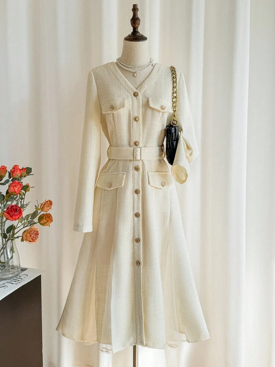 SHEIN Franclia 女式 V 领金属纽扣优雅长袖网眼拼布连衣裙 - 杏色 - 查看 1