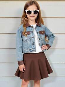 SHEIN Young Girl Denim Jacket And Coat, Retro American Niche Casual Cool Denim Jacket, New Design Contrast Color Splicing Leather Jacket, Blue Denim Top Fall Winter