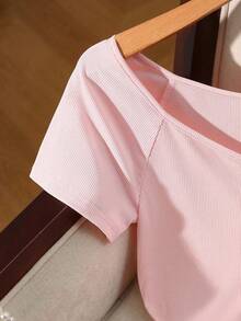 GlowEve CURVE Plus Size Sweet And Warm Pink Front Button Ribbed Short Sleeve T-Shirt - Pink - View 5