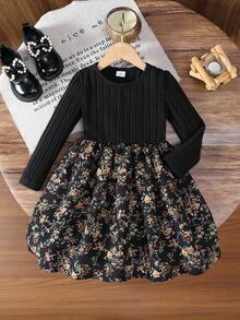 Emery Rose Kids Emery Rose Kids 年轻女孩针织纯色拼布花卉休闲A字连衣裙舒适柔软服装LUNE花卉印花荷叶边下摆连衣裙,法式花卉,仙女裙,田园风 - 黑色 - 查看 3
