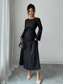 Rafferiza Women's Elegant Textured Pleated Shoulder Tie Waist Slim Fit Round Neck Long Sleeve Solid Color Black Dress, Casual Winter