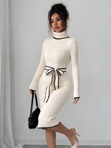 Elenzga 女式优雅修身扭纹罗纹针织长袖毛衣裙，秋季 - 杏色 - 查看 1
