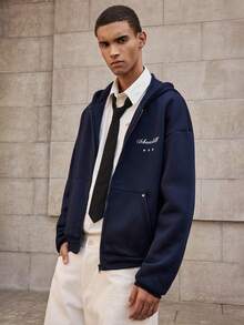 SWAVVY Men's Casual Daily Commute Fashion Street Hoodie With Letter & Number Embroidery, Zip-Up Front, Spring/Autumn, For Fall Winter - Blue - View 3