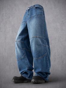 Manfinity Denimwave Casual Washed Blue Wide Leg Jeans With Paneled Tailoring, Suitable For Spring And Autumn Punk Regular Washed Blue Baggy Street For Distressed Jeans - Blue - View 1