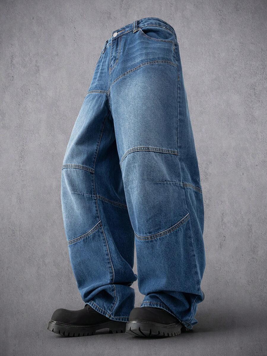 Manfinity Denimwave Casual Washed Blue Wide Leg Jeans With Paneled Tailoring, Suitable For Spring And Autumn Punk Regular Washed Blue Baggy Street For Distressed Jeans - Blue - View 1